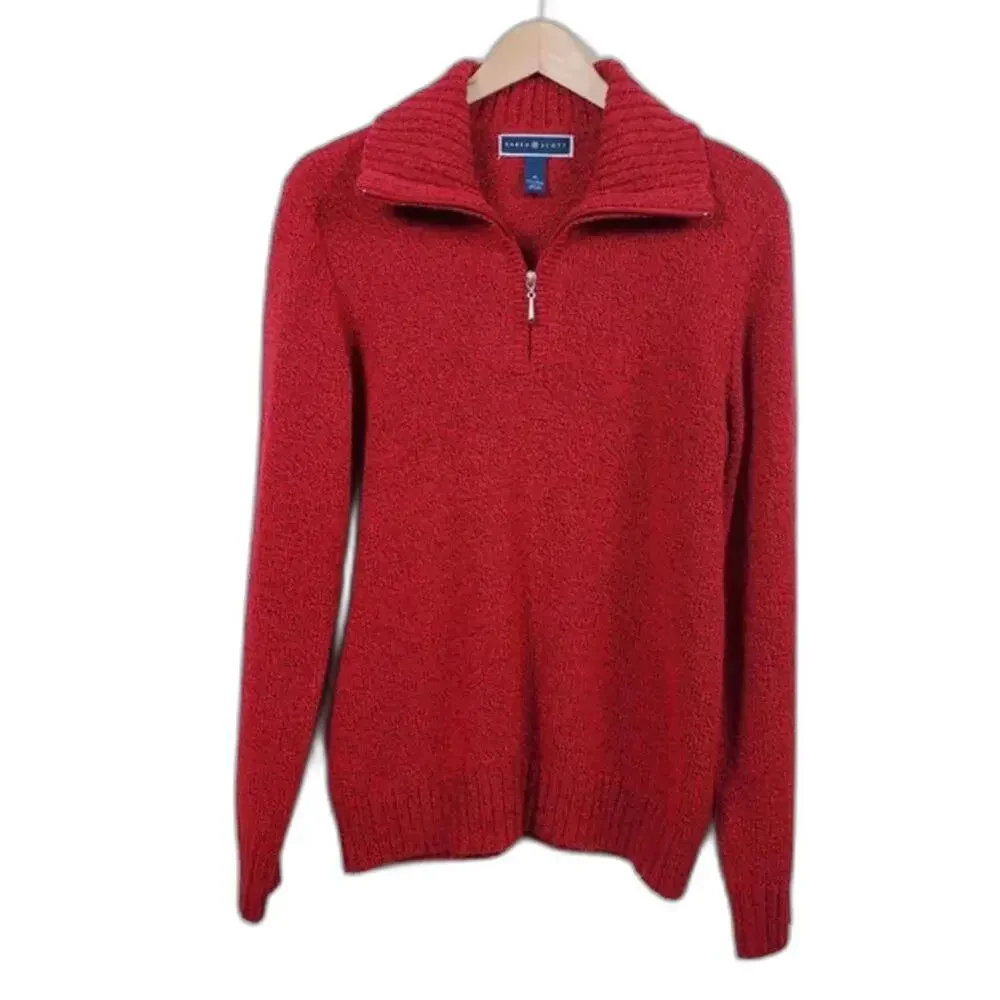 Karen Scott Red Cable Knit Sweater Women Size M Pullover Long Sleeve Quarter Zip